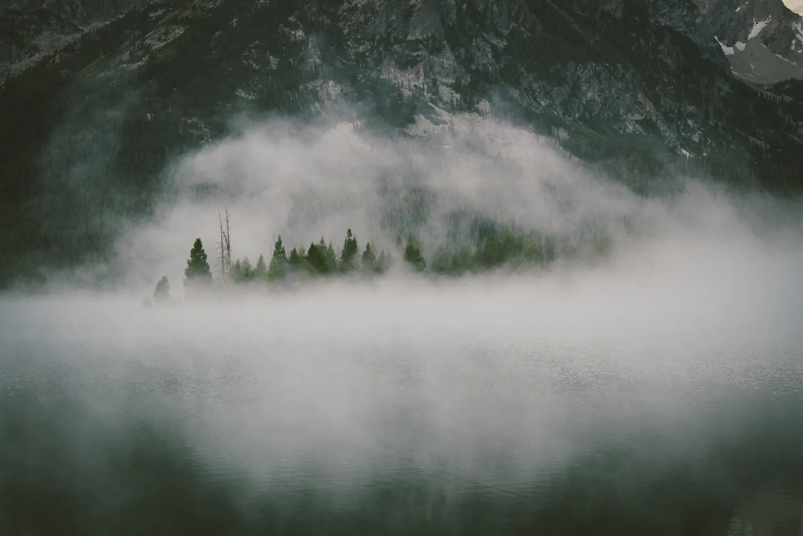 Mist drifting across evergreen trees beside a mountain lake.