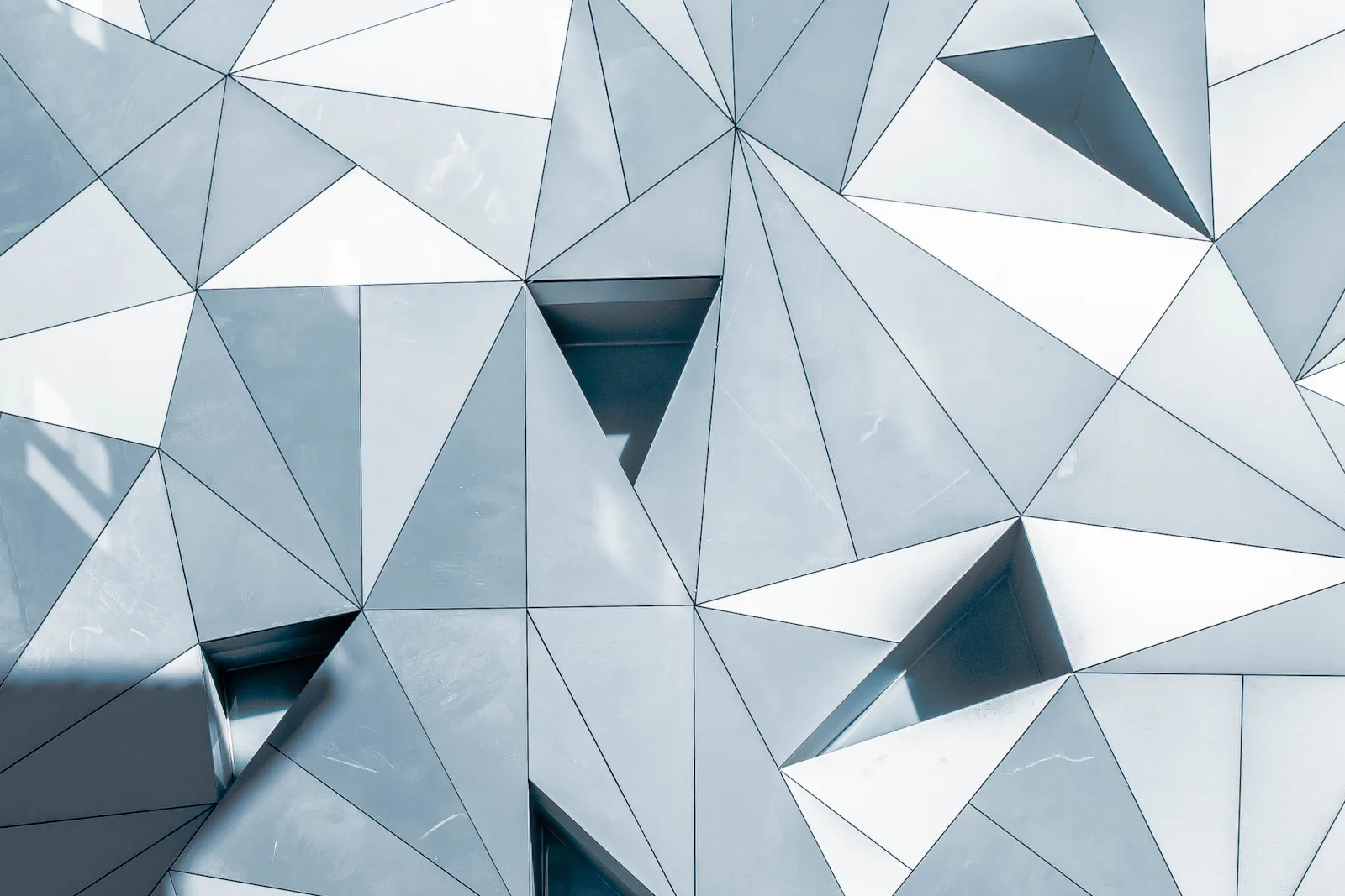 Triangular glass panels forming a faceted surface.